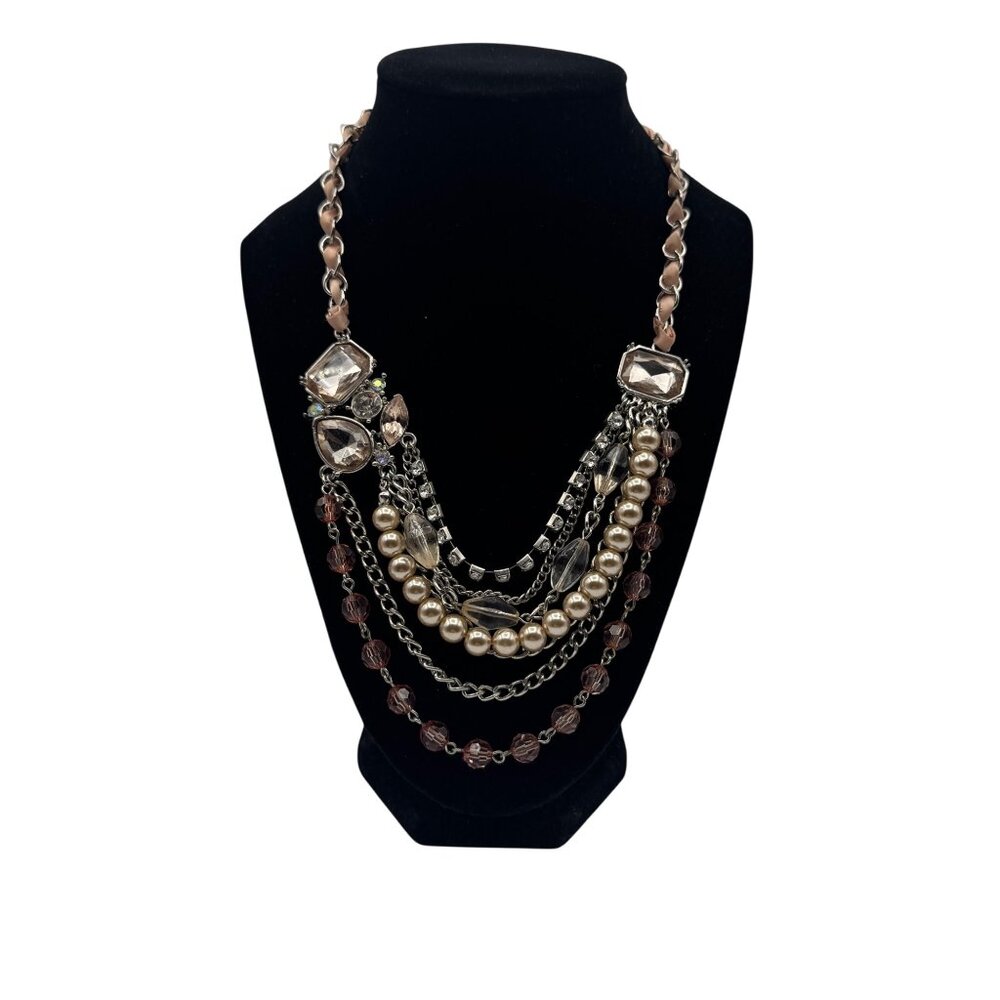 Multi-Layered Statement Necklace With Faux Pearls Crystals & Pink Chain By NY